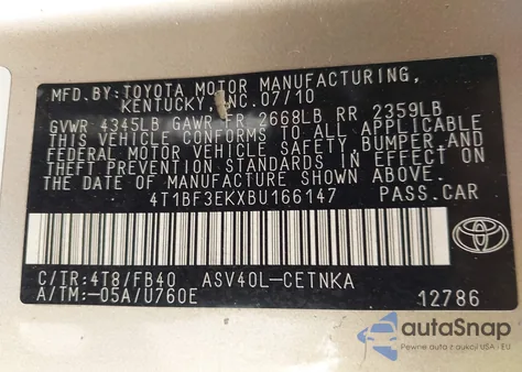 2011 Toyota Camry Le z USA, uszkodzony, nr VIN 4T1BF3EKXBU166147